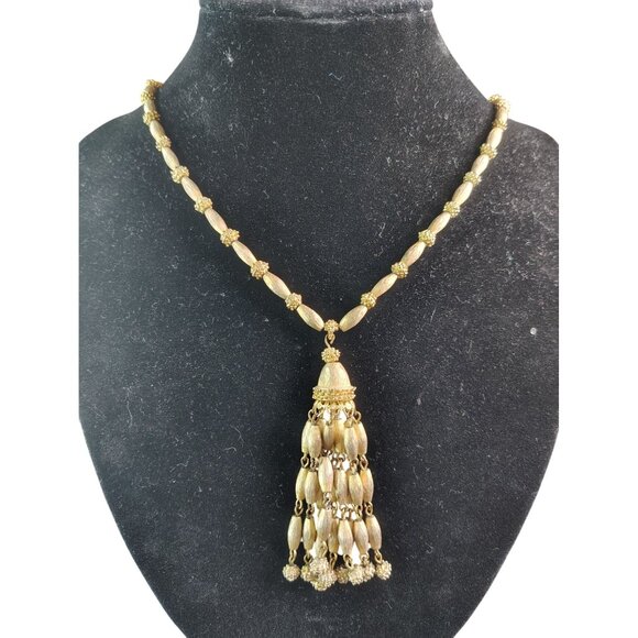 Vintage Trifari Gold Tone Tassel Necklace, 19" Fold Over Clasp Closure - Picture 1 of 4